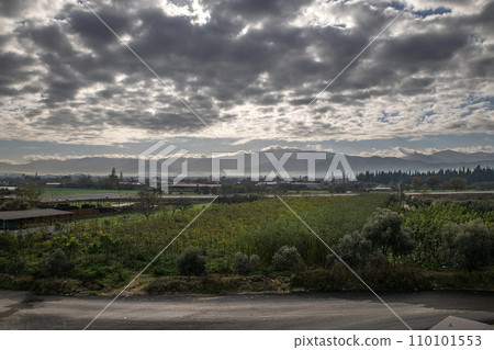 Cloudy and foggy weather and city view in the morning 110101553