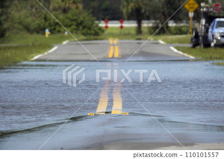 Hurricane flooded street in Florida residential area. Consequences of natural disaster Hurricane flooded street in Florida residential area. Consequences of natural disaster 110101557