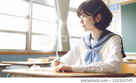 AI image of a female junior high school student studying. Image of the exam. 110101745
