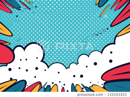 Pop art halftone background. Comic starburst pattern. Blue banner with star speech bubble Pop art halftone background. Comic starburst pattern. Blue banner with star speech bubble 110101831