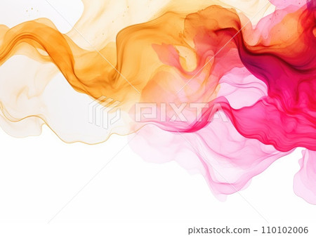 Abstract fluid art painting background in alcohol ink technique, mixture of pink, purple and yellow paints. Transparent overlayers of ink 110102006