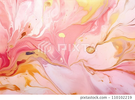 Rose pink liquid watercolor background with golden dots. Dusty blush marble alcohol ink drawing effect Rose pink liquid watercolor background with golden dots. Dusty blush marble alcohol ink drawing effect 110102219