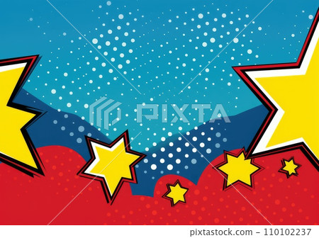 Pop art halftone background. Comic starburst pattern. Blue banner with star speech bubble 110102237