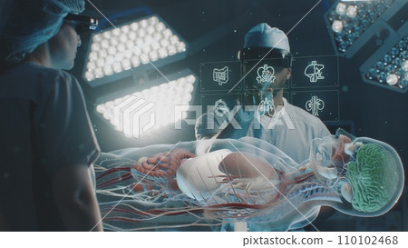 African American surgeon uses virtual holographic display with 3D animation 110102468