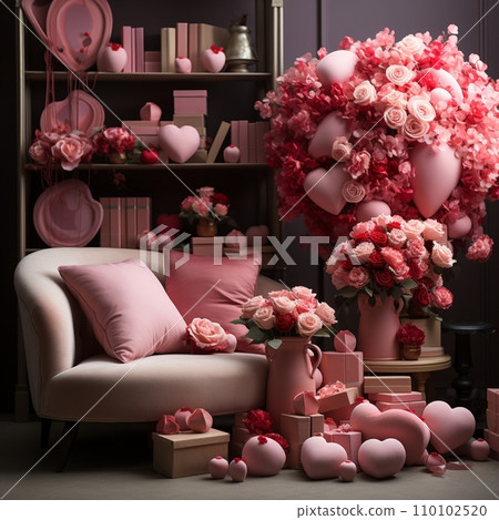 Postcard. The background of love is pink. Festive illustration. Beautiful red abstract background. Banner template. 110102520
