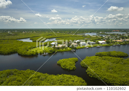Aerial view of residential suburbs with private homes located near wildlife wetlands with green vegetation on sea shore. Living close to nature concept 110102602