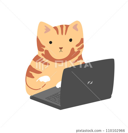 Funny cute cat is working at a laptop. IT engineer symbol, programmer sticker for cards and t-shirts. Isolated vector illustration. Funny cute cat is working at a laptop. IT engineer symbol, programmer sticker for cards and t-shirts. Isolated vector illustration. 110102966