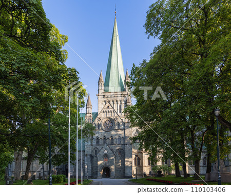 Tranquil alley through a park leading to Nidarosdomen, blending nature and history 110103406