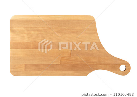 Wooden cutting board with a curved handle on a white background. 110103498