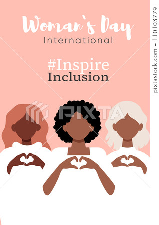 International Women s Day concept holiday card. Diverse women with heart-shaped hands stand together International Women s Day concept holiday card. Diverse women with heart-shaped hands stand together 110103779