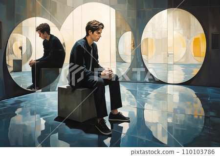 Man in a moment of self-reflection, surrounded by reflective surfaces, mirrors, water Man in a moment of self-reflection, surrounded by reflective surfaces, mirrors, water 110103786