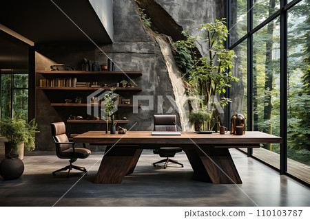 Minimalist office space featuring natural finishes such as wood or stone, functional furniture with a minimal number of elements, Minimalist office space featuring natural finishes such as wood or stone, functional furniture with a minimal number of elements, 110103787
