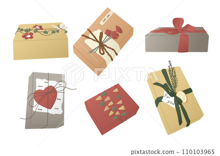 Big set of elegant wrapped gift boxes on holidays 110103965