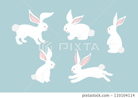 Set of cute white rabbits in different poses. Hand drawn cartoon bunny. Vector illustration Set of cute white rabbits in different poses. Hand drawn cartoon bunny. Vector illustration 110104114