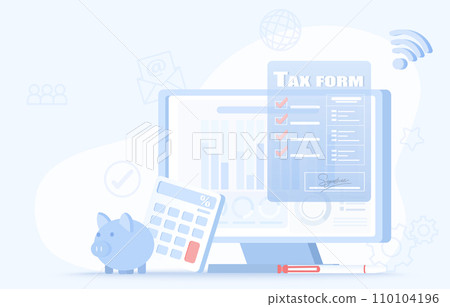 Online tax form concept. Financial accounting, income report, tax deduction, filling out tax forms, manage taxes. Flat vector design illustration. 110104196