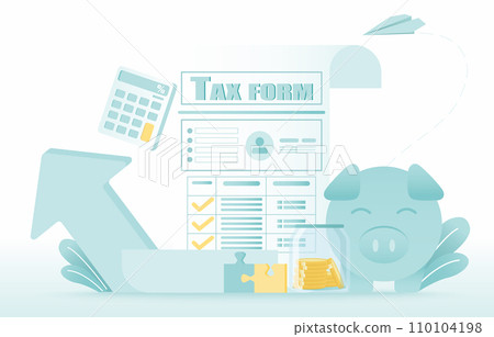 Tax payment concept. Income form, filling and submit to government. Calculate revenue, manage taxes, tax deduction, return of the company's investment. Flat vector design illustration. 110104198