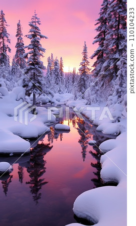 Winter's Beauty, nature's tranquility, snow-covered landscape, lonely tree. Vertical shot. AI-generated content 110104233