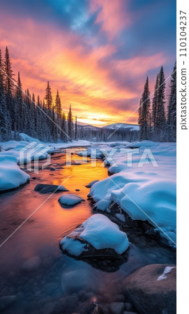 Winter's Beauty, nature's tranquility, snow-covered landscape, lonely tree. Vertical shot. AI-generated content 110104237