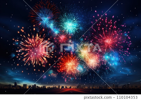AI-generated content. Vibrant new years banner with fireworks and cheering crowd. Generative AI AI-generated content. Vibrant new years banner with fireworks and cheering crowd. Generative AI 110104353