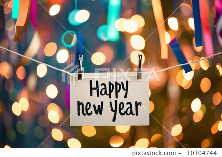 AI-generated content. Happy new year with confetti on a colorful blurry background. Generative AI 110104744