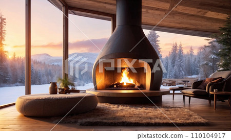 Modern interior design. Cozy and comfortable bedroom with a winter nature behind the window. Modern interior design. Cozy and comfortable bedroom with a winter nature behind the window. 110104917