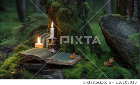 Candle burning in the mysterious forest. Witchcraft, fairy, enchanted effect. 110105030