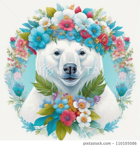 Funny animal. Polar bear in a wreath of flowers. 110105086