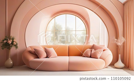Colorful living room interior with a cozy sofa and house plants. 110105092