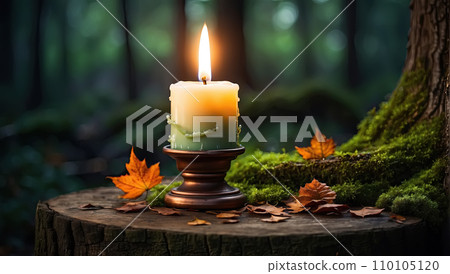 Candle burning in the mysterious forest. Witchcraft, fairy, enchanted effect. 110105120