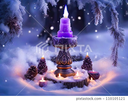 Candle burning in the mysterious forest. Witchcraft, fairy, enchanted effect. 110105121
