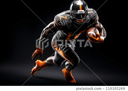 AI-generated content. Portrait of American football player running with the ball. Muscular African American athlete in a black and orange uniform with an ovoid ball in a dynamic pose. Isolated on 110105269