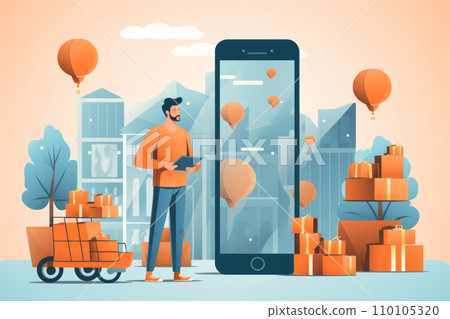 AI-generated content. Drawn image of a happy man with tablet standing in front of a huge smartphone model and cardboard boxes against cityscape background. Online shopping, modern lifestyle concept. 110105320