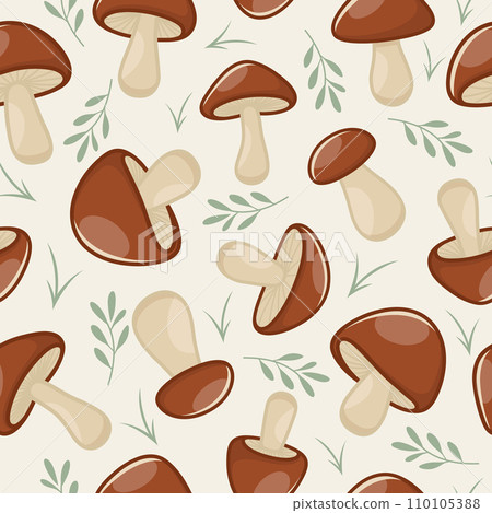 Vector Seamless Pattern with Hand Drawn Cartoon Mushrooms on a White Background. Brown Mushrooms Illustration. Print with Mushrooms. Design Template 110105388