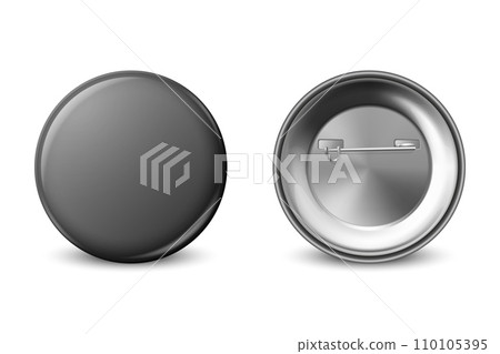 Vector 3d Realistic Blank Black Round Button Badge Set Closeup Isolated on a White Background. Button Badge, Plastic or Metal ID Badge Design Template, Mockup. Front View 110105395