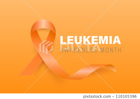 Leukemia, Blood Cancer Banner, Card, Placard with Vector 3d Realistic Orange Ribbon on Orange Background. Leukemia Cancer Awareness Month Symbol Closeup, September. World Leukemia Cancer Day Concept 110105396