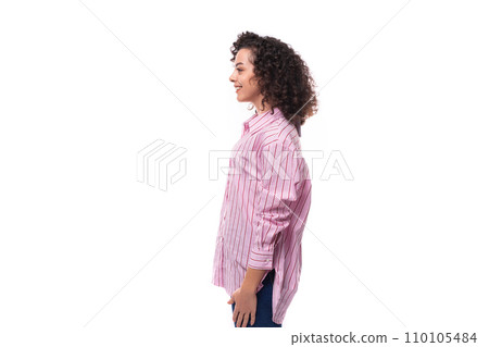 young curly brunette model woman wearing a pink striped shirt 110105484