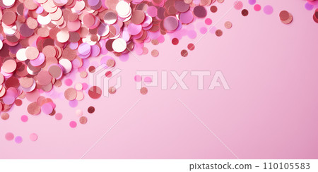 AI-generated content. Festive design with copy space, metallic glitter foil confetti on pink. 110105583