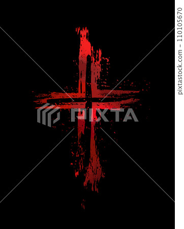 Red religious cross on a black background. bloody cross, hand drawing. Not AI. Vector illustration 110105670
