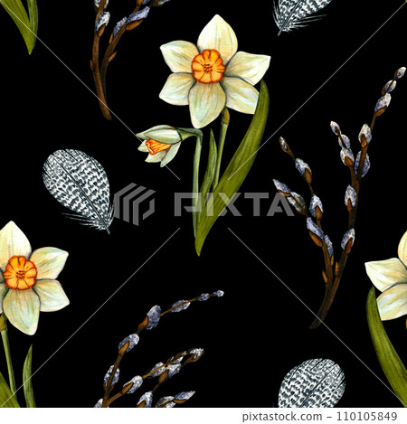 Seamless pattern. Spring watercolor illustration with flowers daffodils, branches willow and feather. Flowers with stem and leaf. Spring botanical print. Happy Easter Seamless pattern. Spring watercolor illustration with flowers daffodils, branches willow and feather. Flowers with stem and leaf. Spring botanical print. Happy Easter 110105849