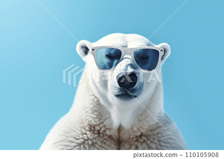 AI-generated content. White polar bear in sunglasses against a stylish blue backdrop 110105908