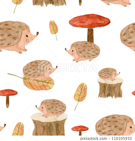 Watercolor seamless pattern with hedgehog, mushrooms and leaves. Hand drawn forest mushrooms and animals. Hand print with cute forest animals Watercolor seamless pattern with hedgehog, mushrooms and leaves. Hand drawn forest mushrooms and animals. Hand print with cute forest animals 110105910