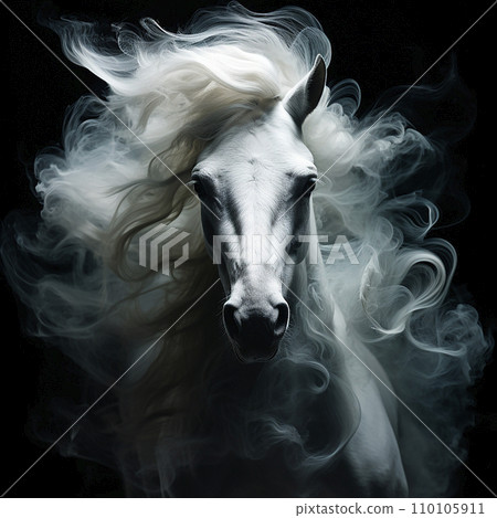 Head of a white horse with a flowing mane, portrait, close-up on black, beautiful animal Head of a white horse with a flowing mane, portrait, close-up on black, beautiful animal 110105911