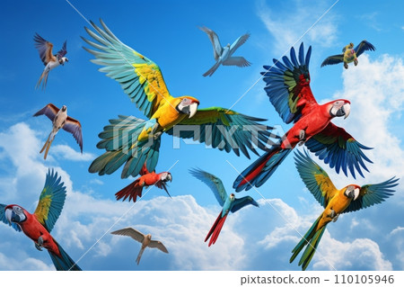 Bright blue sky with flying parrots 110105946