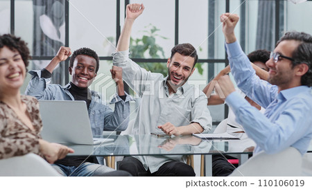 Best team ever. Portrait of extremely happy multinational coworkers are standing in office Best team ever. Portrait of extremely happy multinational coworkers are standing in office 110106019
