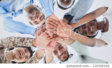 Closeup portrait, bottom view, happy faces of different team employees standing in circle 110106108