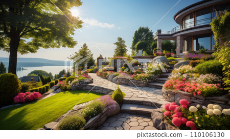 Luxury home garden with tiled path and retaining walls, landscape design of house backyard. Beautiful flowers, rocks and stones at upscale back yard. Concept of landscaping, nature 110106130