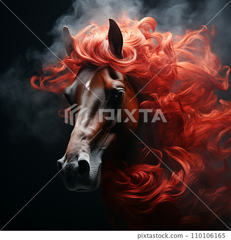 Head of a red horse with a flowing mane, portrait, close-up on black, unusual animal Head of a red horse with a flowing mane, portrait, close-up on black, unusual animal 110106165