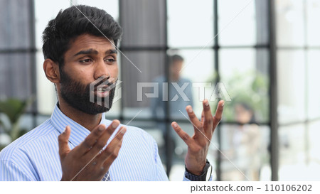 Bearded man emotionally spreads his hands. Question what's going on or why 110106202