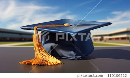 AI-generated content. A blue graduation hat with a yellow tassel lies on a table outside against a blue sky background AI-generated content. A blue graduation hat with a yellow tassel lies on a table outside against a blue sky background 110106212