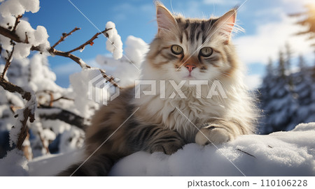 AI-generated content. Adorable tabby fluffy cat, lie on snow, in beautiful winter landscape 110106228